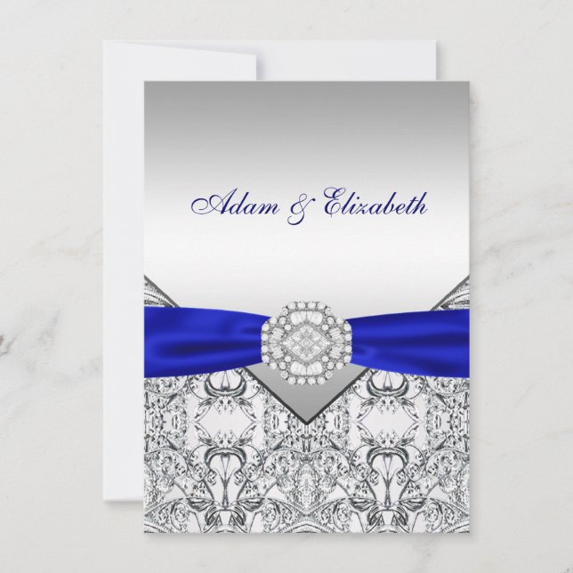 Convites de Casamento Elegantes Prata e Azul Real (Frente)