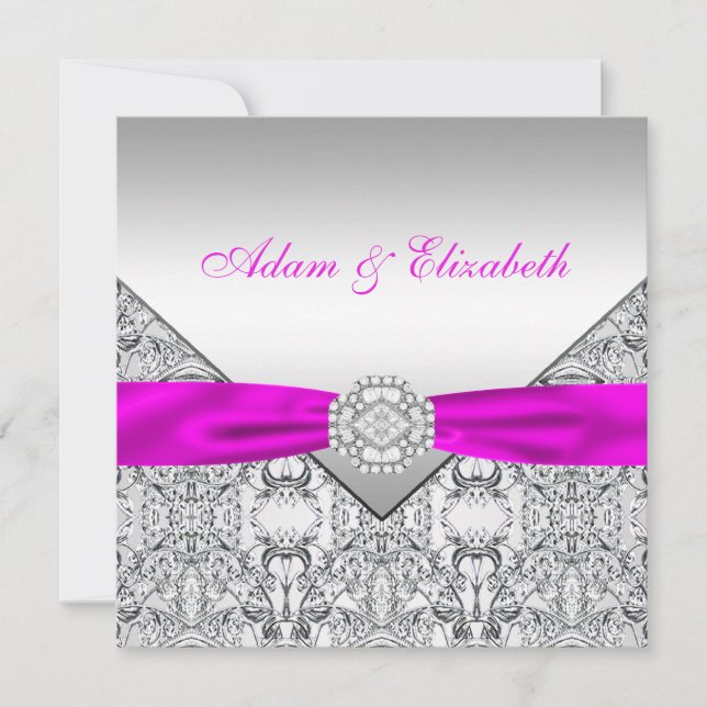 Convites de Casamento Elegantes Prata e Fuchsia (Frente)