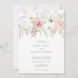 Convites de casamento Elegantes, Rosa e Flor Branc