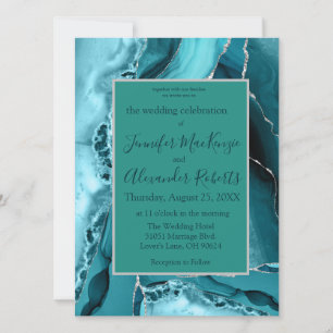 Convites de Casamento em Ágata Azul Teal Prata Per