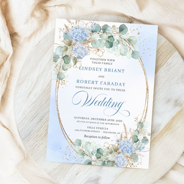 Convites de Casamento em Aquarela Azul com Trigo D (Watercolor Blue Floral Wheat Gold Wedding Invitation)