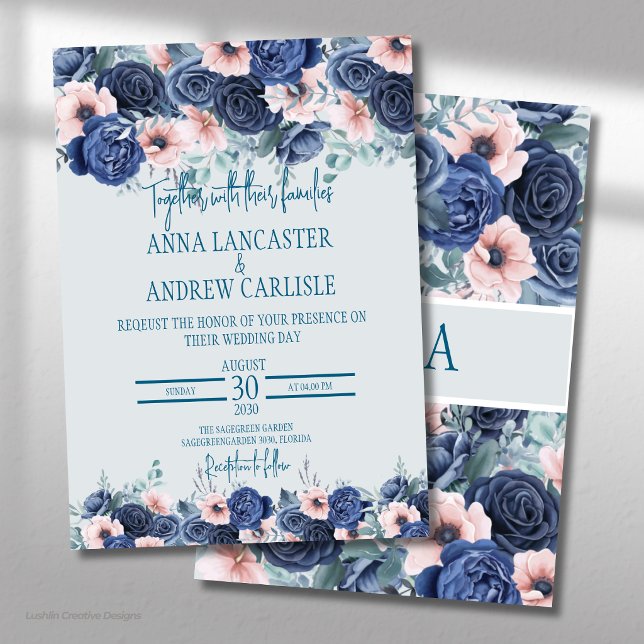 Convites de Casamento em Aquarela Azul Marinho e R (Criador carregado)