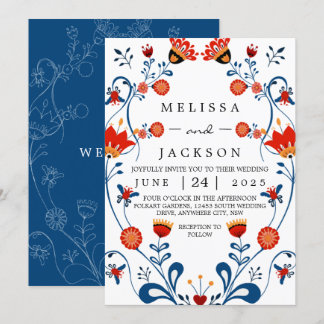 Convites de Casamento em Arte Popular Azul e Verme