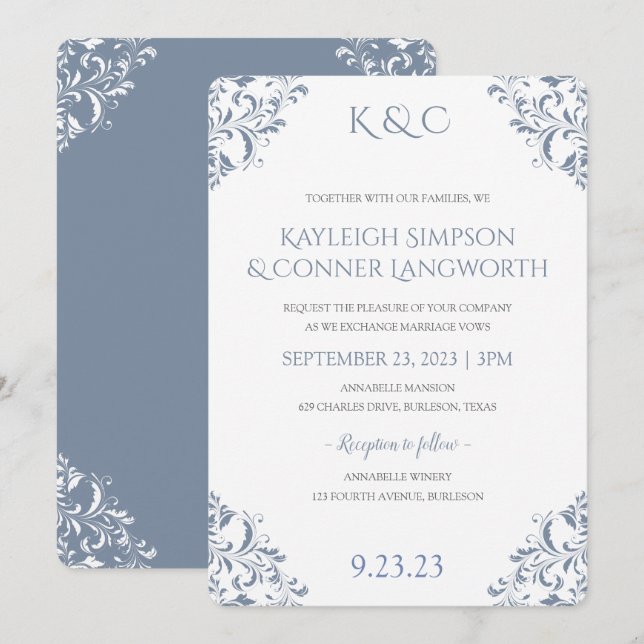 Convites de Casamento em Azul Empoeirado | Elegant (Frente/Verso)