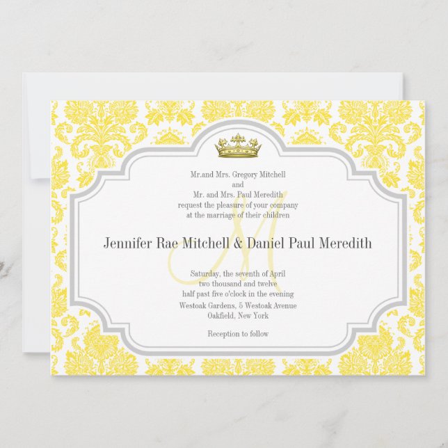 Convites de Casamento em Damasco Amarelo Monograma (Frente)