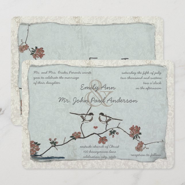 Convites de Casamento em Damask com Pássaros Vinta (Frente/Verso)