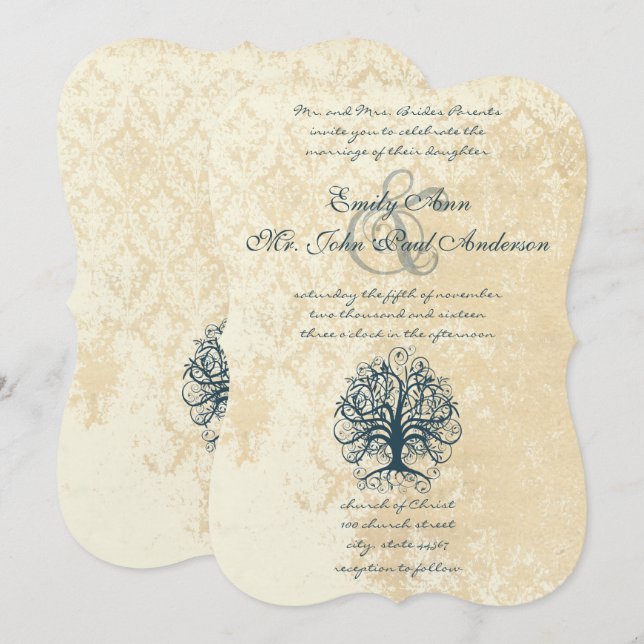Convites de Casamento em Damask com Renda de Árvor (Frente/Verso)
