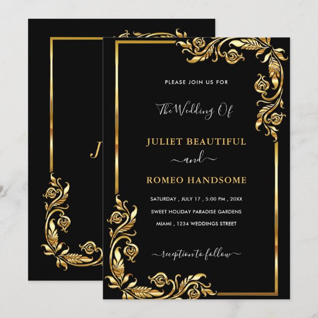Convites de Casamento em Preto Dourado com Moldura (Frente/Verso)