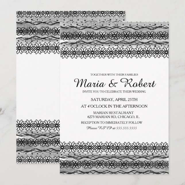 Convites de Casamento em Renda Floral Preta Gótica (Frente/Verso)
