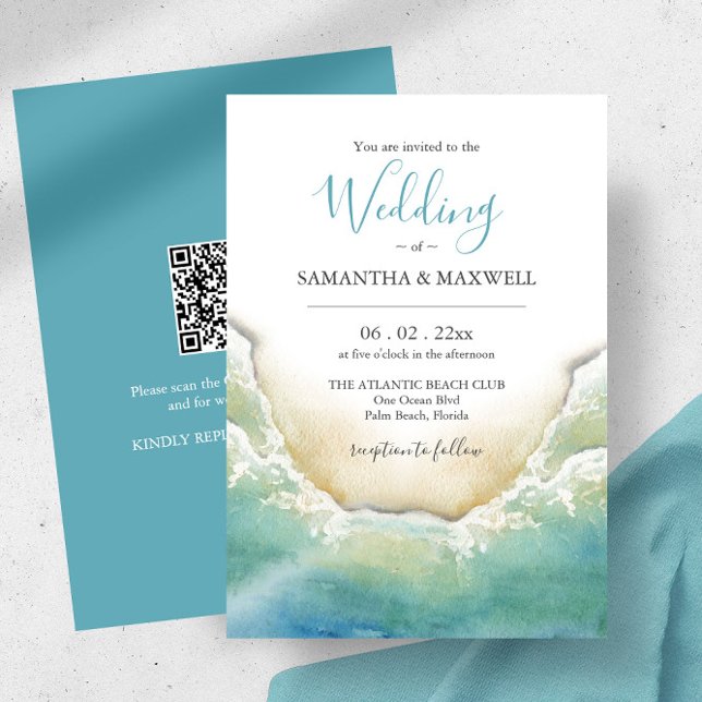 Convites De Casamento Em Um Destino Único De Orçam (Beach wedding invitations with QR code features watercolor shoreline art by Victoria Grigaliunas)