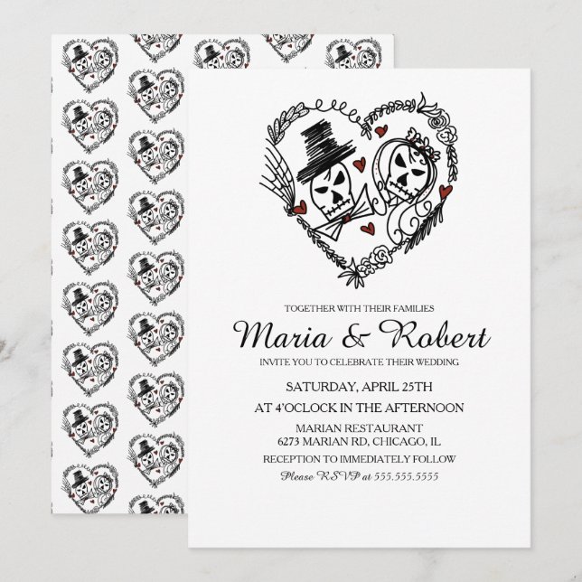 Convites de Casamento Esqueleto Preto e Branco Gót (Frente/Verso)