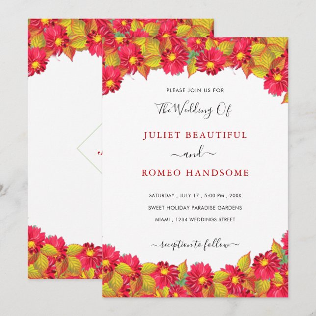Convites de Casamento Exemplares com Flores Vermel (Frente/Verso)
