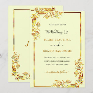 Convites de Casamento Exemplo Quadro Floral Dourad