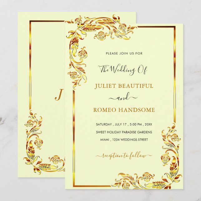 Convites de Casamento Exemplo Quadro Floral Dourad (Frente/Verso)