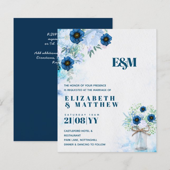 CONVITES DE CASAMENTO Florais Azuis BUDGET (Frente/Verso)