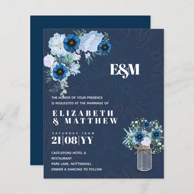 CONVITES DE CASAMENTO Florais Azuis BUDGET (Frente/Verso)