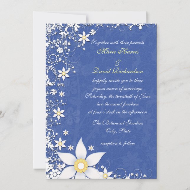 Convites de Casamento Florais Azul Brilhante e Bra (Frente)