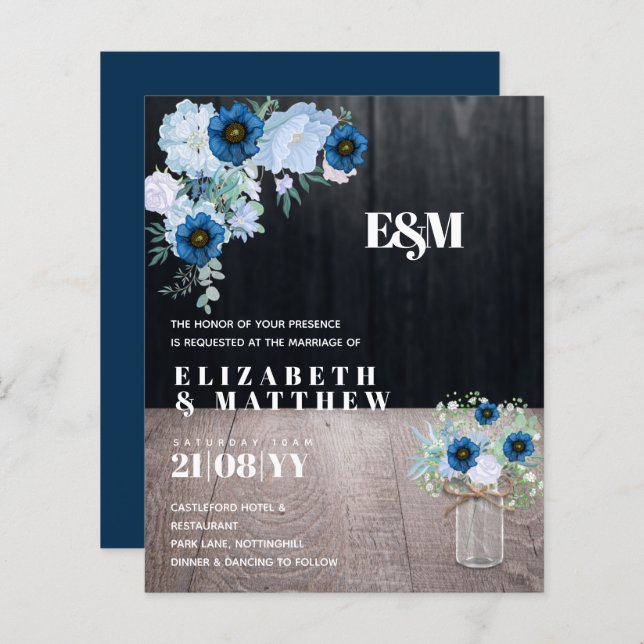 Convites de Casamento Florais Azul Poeira Orçament (Frente/Verso)