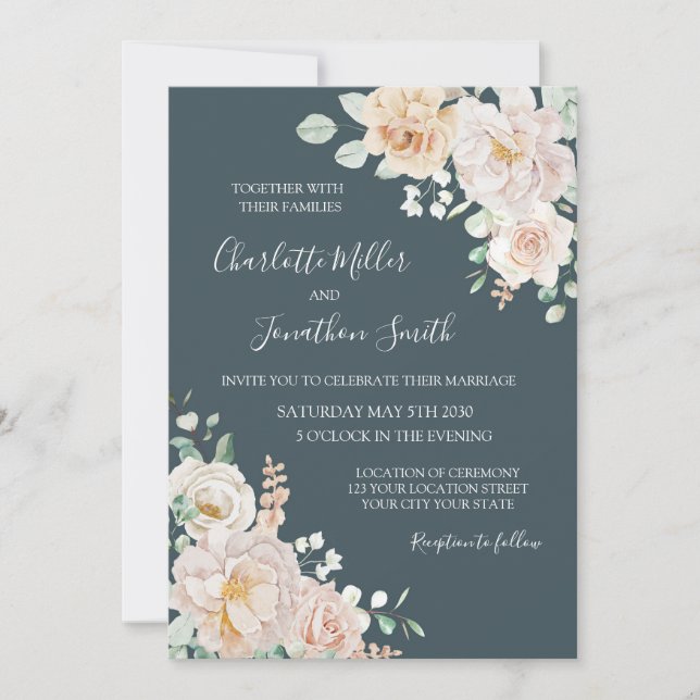 Convites de Casamento Florais Brancos Vintage Azul (Frente)