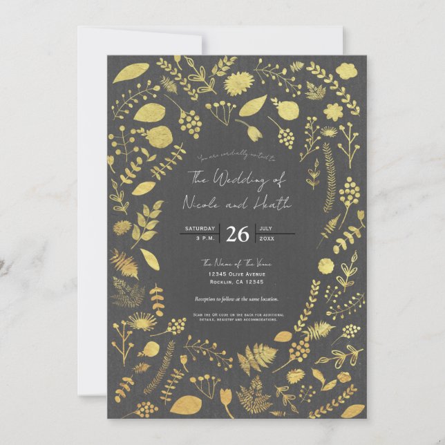 Convites de Casamento Florais Cinza Carvão e Doura (Frente)