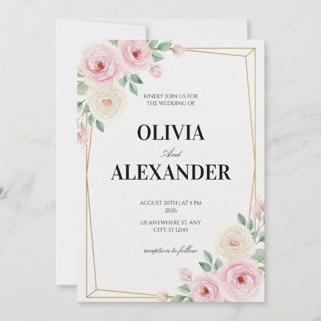 Convites de Casamento Florais Clássico Rosa Suave (Frente)