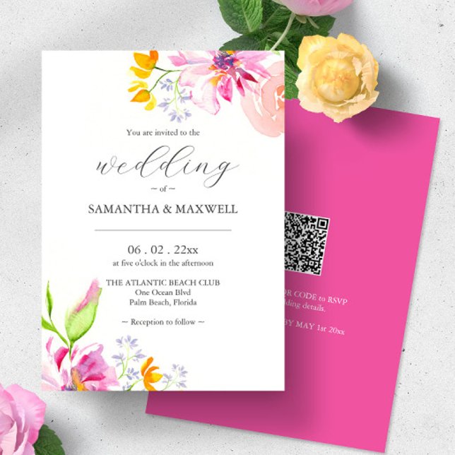Convites de casamento Florais de Aquarela com Códi (Pink floral wedding invitations with QR code sustainable weddings watercolor Victoria Grigaliunas)