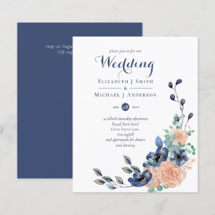 Convites de Casamento Florais de Coral Azul Marinh