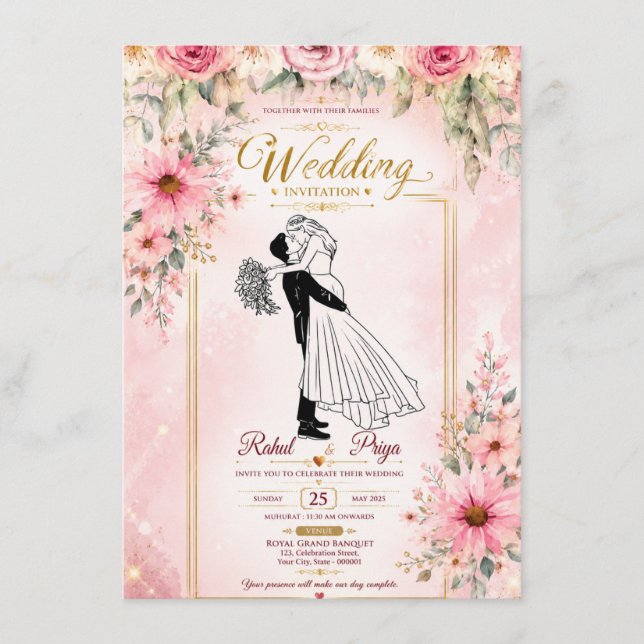 Convites de casamento florais elegantes Cartão  (Frente)
