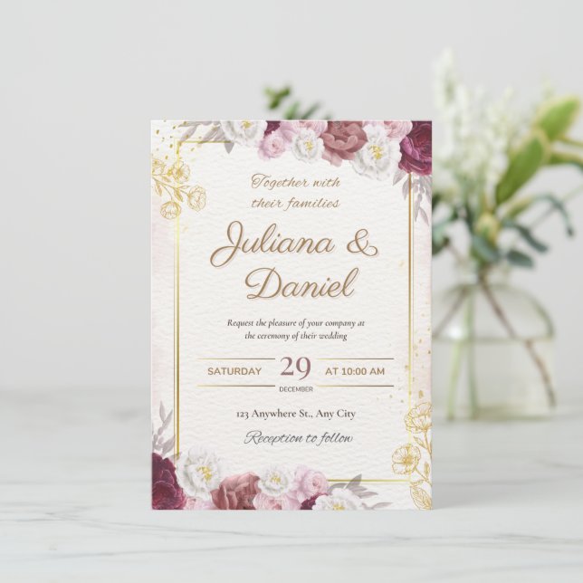 Convites de casamento florais elegantes em burgund (Em pé/Frente)