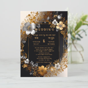 Convites de Casamento Florais Elegantes em Ouro e