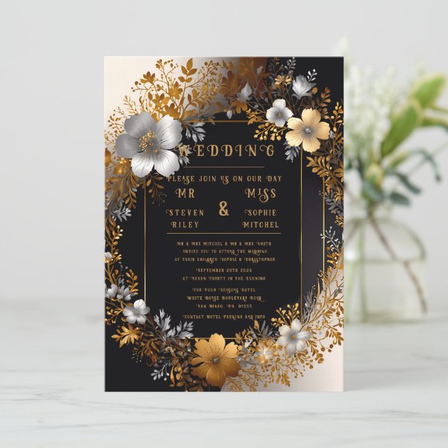 Convites de Casamento Florais Elegantes em Ouro e  (Em pé/Frente)