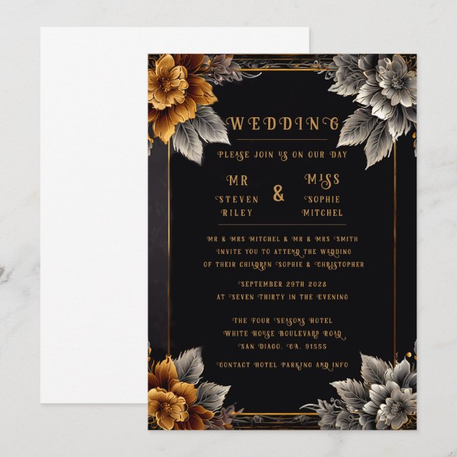 Convites de Casamento Florais Elegantes em Ouro e  (Frente/Verso)