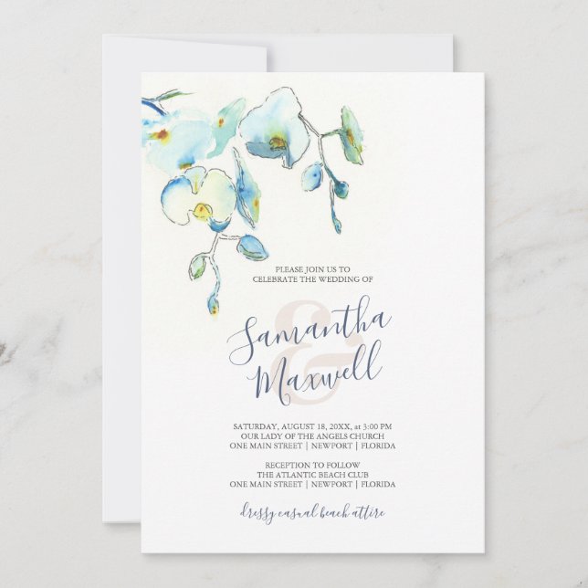 Convites de Casamento Florais em Aquarela Azul (Frente)