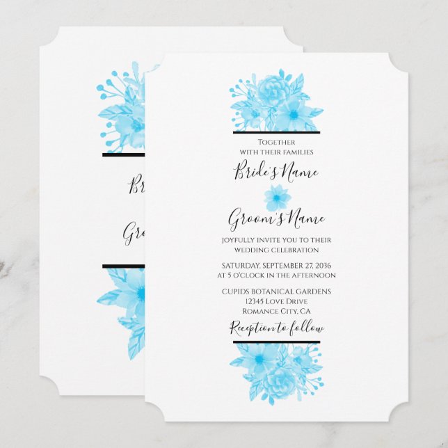 Convites de Casamento Florais em Aquarela Azul Ele (Frente/Verso)