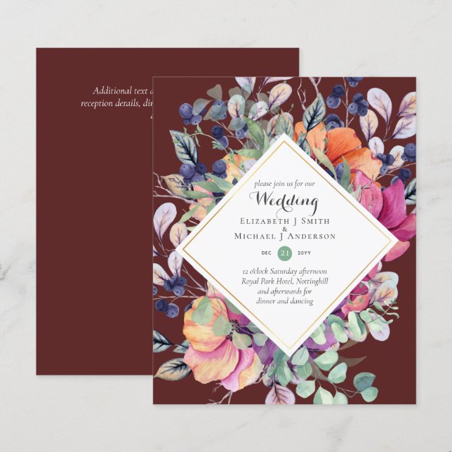 Convites de Casamento Florais Laranja Roxo BUDGET (Frente/Verso)