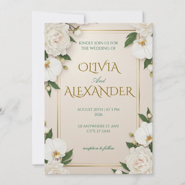 Convites de Casamento Florais Luxuosos Brancos (Frente)
