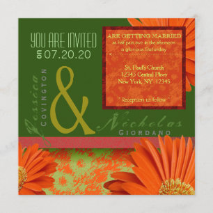 Convites de casamento Florais Preppy Green Orange 