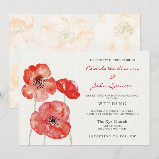 Convites de casamento florais Red Poppy (Frente/Verso)