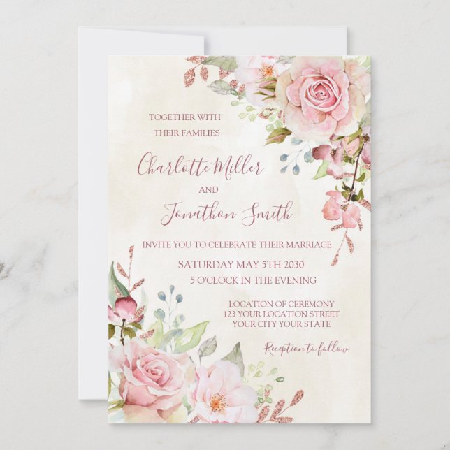 Convites de Casamento Florais Rosa Vintage para a  (Frente)