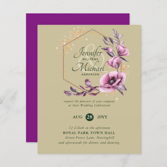 Convites de Casamento Florais Roxo Dourado ORÇAMEN (Frente/Verso)