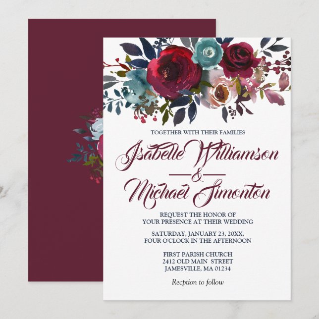 Convites de Casamento Florais Vermelho Borgonha em (Frente/Verso)