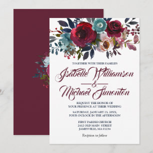 Convites de Casamento Florais Vermelho Borgonha em