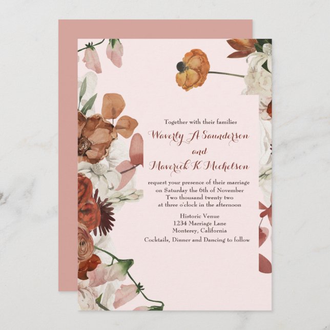 Convites de casamento Floral Burnt Orange Dusty Ro (Frente/Verso)