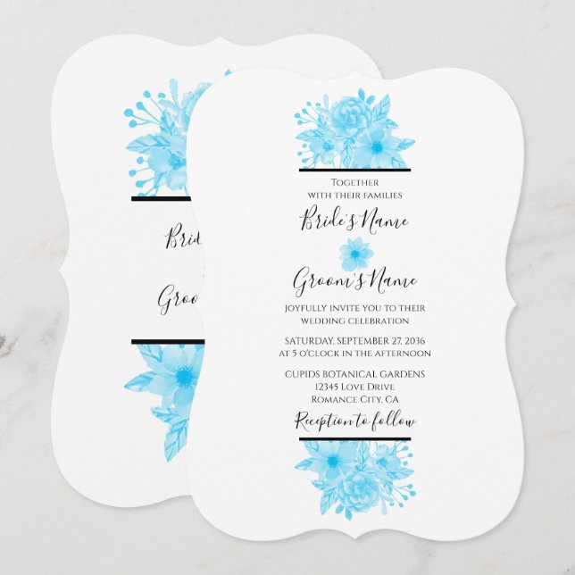Convites De Casamento Floral De Cor Azul Elegante (Frente/Verso)
