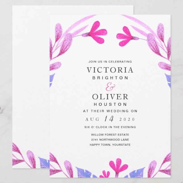 Convites De Casamento Floral De Cor De Água Rosa (Frente/Verso)