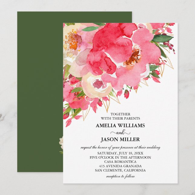 Convites De Casamento Floral De Creme Rosa De Aqua (Frente/Verso)