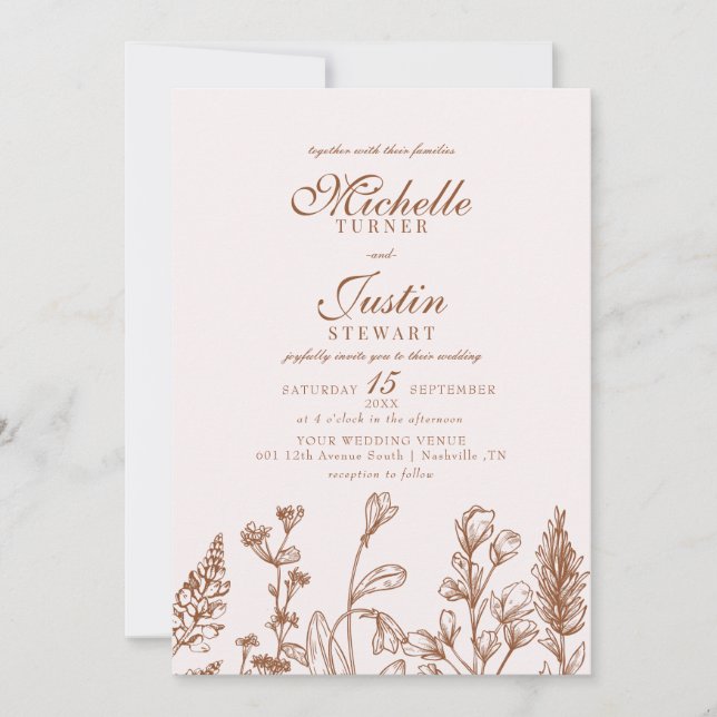 Convites De Casamento Floral De Laranja Queimado (Frente)