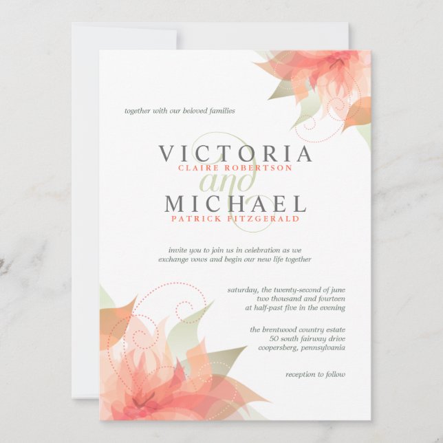 Convites De Casamento Floral De Pêssego Laranja (Frente)