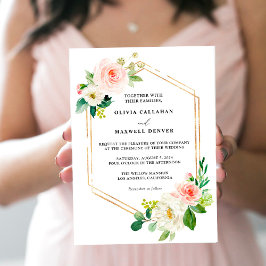 Convites De Casamento Floral Dourado, Elegante