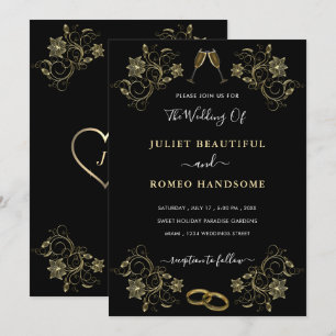 Convites de Casamento Floral Dourado em Preto Exem